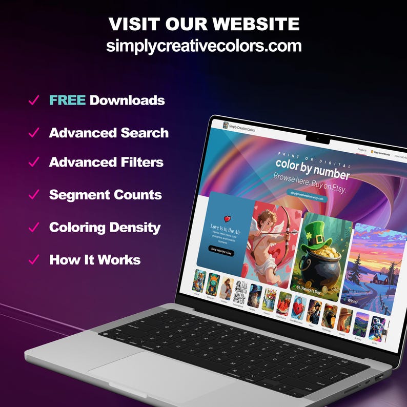 Visit our website, SimplyCreativeColors.com for Free Downloads, Advanced Search, Advanced Filters, Segment Counts, Coloring Density, How It Works & More.