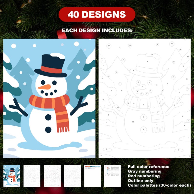 Easy Christmas 40 Design Color by Number Bundle with sample snowman design, showing full color reference on left and numbered coloring page on right, plus palette sheets.