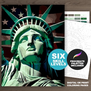 Peut inclure: Un kit de peinture par numéros avec une image stylisée de la Statue de la Liberté sur fond de drapeau américain. Le kit comprend six niveaux de difficulté et des palettes Procreate. Pages de coloriage numériques ou imprimées.