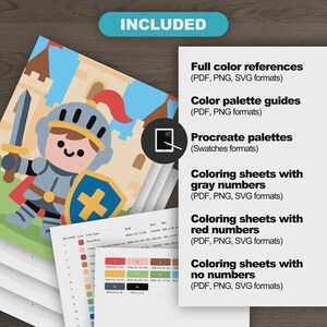 Included file preview from Easy Medieval Fantasy Color by Number bundle. Shows knight with sword and shield. Text lists file types: full color references, palette guides, Procreate palettes, gray numbered sheets, red numbered sheets, and outline-only sheets.