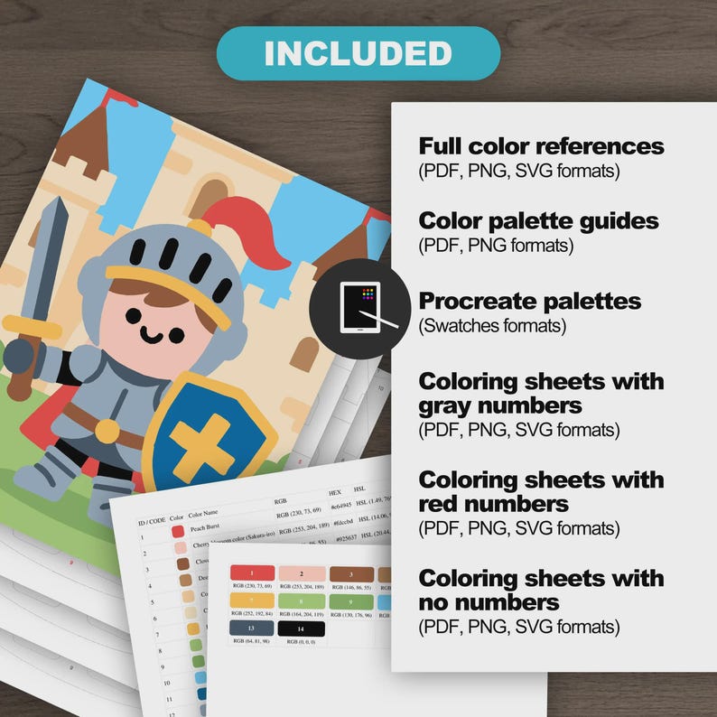 Included file preview from Easy Medieval Fantasy Color by Number bundle. Shows knight with sword and shield. Text lists file types: full color references, palette guides, Procreate palettes, gray numbered sheets, red numbered sheets, and outline-only sheets.