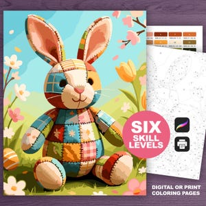 Può includere: Un coniglietto patchwork colorato è seduto in un prato primaverile con fiori e uova di Pasqua. L'immagine include una pagina da colorare numerata con il testo "SIX SKILL LEVELS" e "DIGITAL OR PRINT COLORING PAGES".