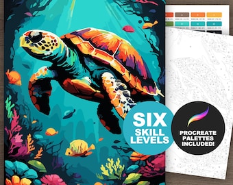 Kleur op nummer zeeschildpad: schilderen op nummer zeeleven kunst afdrukbare kleurplaat digitale download, kleurrijk dier (6 vaardigheidsniveaus)
