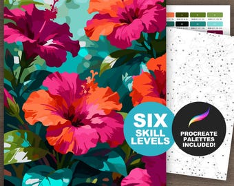 Tropische Blumen Malen nach Zahlen Kit: Botanische Kunst Blumen zum Ausdrucken, Erwachsene Malseiten, Blumenkunst (6 Schwierigkeitsstufen)