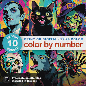 Halloween Paint by Number Kit, Color by Number Bundle, 10 Printable Adult Coloring Pages Halloween Activity, Procreate Compatible