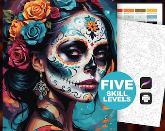 Sugar Skull Color by Number (5 Skill Levels) | Day of the Dead | Día de Los Muertos | Digital Download | Printable & Digital Coloring Page