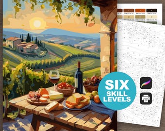 Vignoble couleur par numéro pour adultes, coloriage imprimable en téléchargement numérique, art du vin pittoresque de la Toscane, Italie, campagne procréer du vin