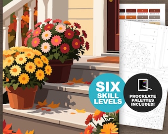 Malen nach Zahlen mit Herbstblumen: Ausmalbilder für die Veranda im Herbst, Blumenmotiv (Druckvorlage und Procreate-kompatibel, 6 Schwierigkeitsstufen)