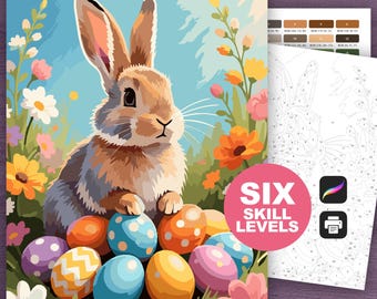 Easter Bunny Paint by Number: Spring Coloring Pages (Procreate and Printable, 6 Skill Levels)