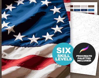 USA 250-jähriges Jubiläum Amerikanische Flagge Malen nach Zahlen Kit: Amerika 250 Sternenbanner, Malseiten für Erwachsene (Printable, Procreate)
