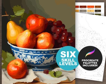 Peinture par numéros nature morte bol de fruits : art classique procréer ou pages à imprimer pour adultes à colorier