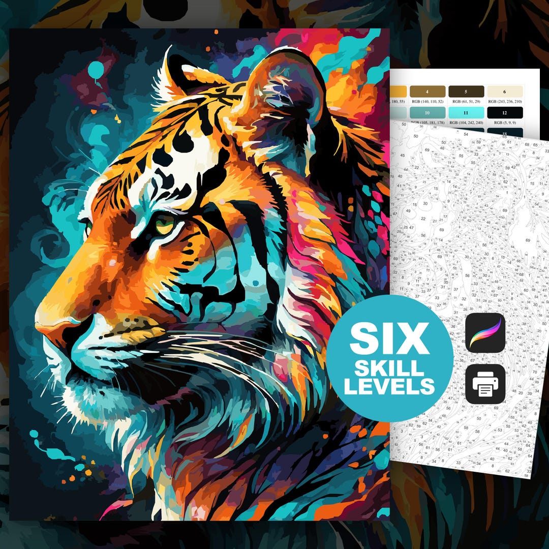 Tiger Color by Number for Adults Tiger Paint by Number Printable Tiger ...