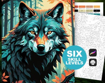 Wolf Color by Number for Adults Printable Coloring Page Digital Download Forest Wildlife Animal Art Relaxing Wolf Coloring for Adults