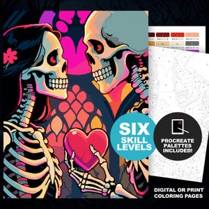 May include: A digital coloring page featuring two skeletons facing each other, one holding a pink heart. The background displays a stained-glass pattern in vibrant pink, orange, and dark blue. Text includes SIX SKILL LEVELS and PROCREATE PALETTES INCLUDED.