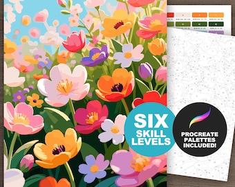 Procreate Wildblumenfeld Malen nach Zahlen Kit: Botanische Kunst Blume druckbare Malseiten für Erwachsene, Blumenkunst (6 Schwierigkeitsstufen)