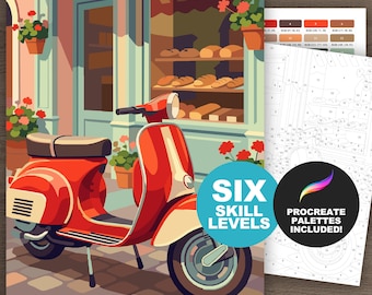 Boulangerie européenne et peinture à numéros de scooter rouge - Coloriages pour adultes (6 niveaux de couleur, imprimables, numériques, procréer)