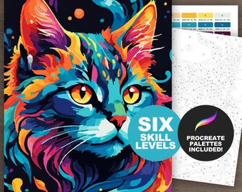 Cat Portrait Digital Paint by Number Kit: Colorful Feline Adult Coloring Pages, Printable & Procreate (6 Skill Levels)