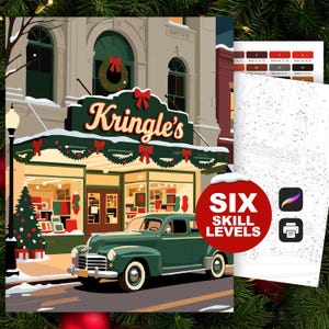 May include: Illustration of a Christmas scene featuring a green vintage car parked in front of a store called "Kringle's". The store is decorated with wreaths and bows. A paint-by-numbers kit with six skill levels is also shown.