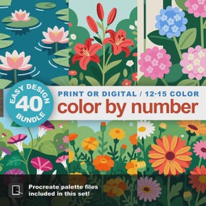 Easy Flowers Color by Number Bundle: 40 Beginner Coloring Pages, Floral Designs for Gardening Fans (Printable & Procreate Compatible)