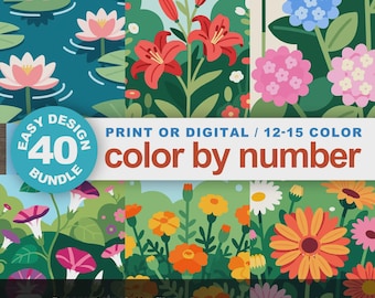Easy Flowers Color by Number Bundle: 40 Beginner Coloring Pages, Floral Designs for Gardening Fans (Printable & Procreate Compatible)