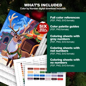 Christmas Reindeer Color by Number listing showing included files like color charts and numbered pages
