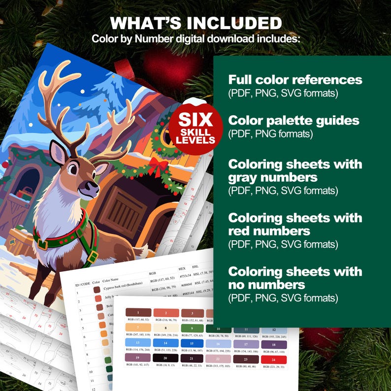 Christmas Reindeer Color by Number listing showing included files like color charts and numbered pages