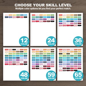 Color palette guides for six kawaii fox coloring levels with 12, 24, 36, 48, 59, and 65 colors