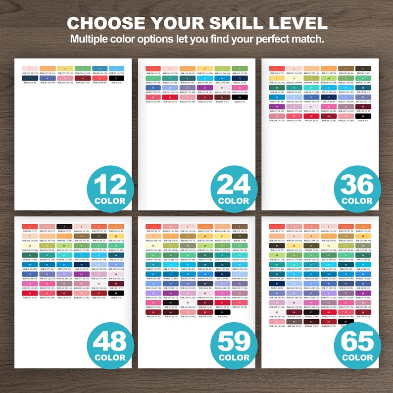Color palette guides for six kawaii fox coloring levels with 12, 24, 36, 48, 59, and 65 colors