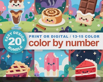 Cute Desserts: 20 Easy Paint by Number Kawaii Coloring Pages with Cute Sweets, Cakes, Candy, Ice Cream (Printable and Procreate Compatible)