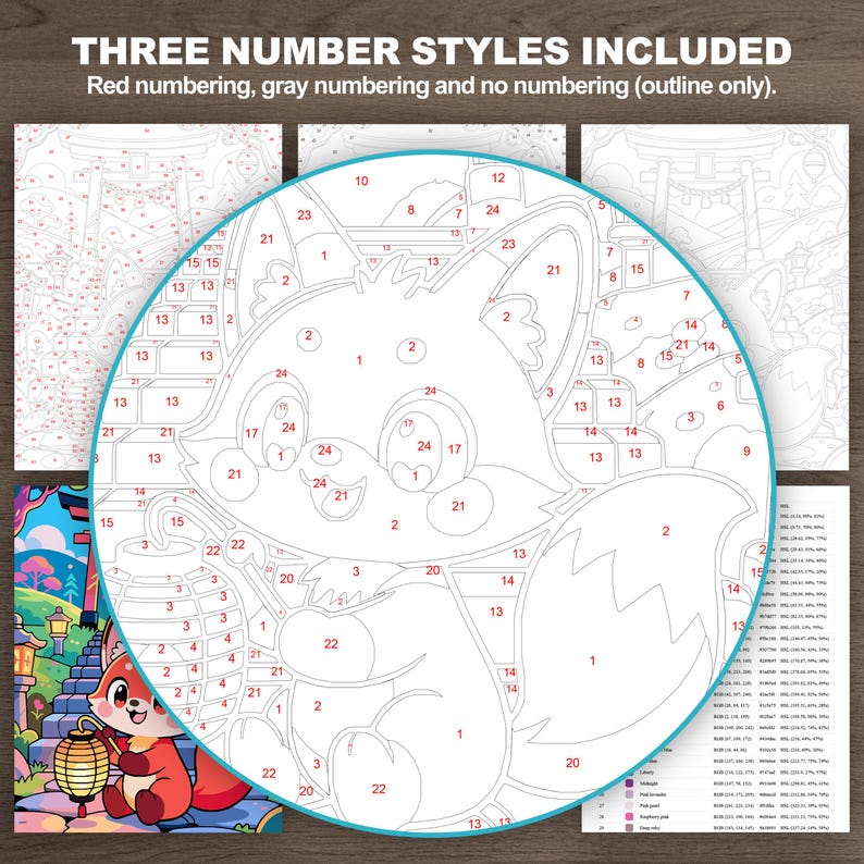 Detailed cute animal coloring page showing red numbers, gray numbers, and an outline-only fox design with no numbers