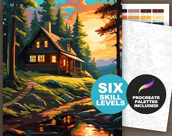 Landscape Color by Number for Adults, Paint by Number Printable Coloring Page Digital Download, Cabin in the Woods, Nature Landscape Art