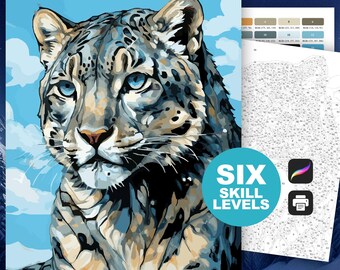 Snow Leopard Color by Number for Adults Digital Coloring Page Printable Leopard Paint by Number Relaxing Leopard Coloring for Adults
