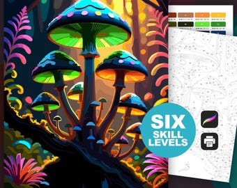 Forest Mushroom Color by Number: Printable Nature Coloring Page, Woodland Scene Digital Download, Psychedelic Fungi, Procreate (6 Levels)