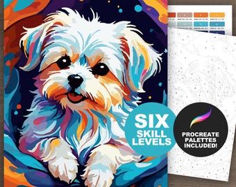 Maltese Dog Digital Paint by Number Kit: Colorful Dog Lover Adult Coloring Pages, Printable & Procreate (6 Skill Levels)