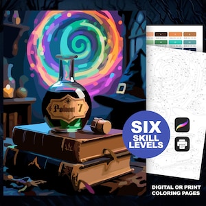 May include: Illustration of a potion bottle labeled "Poison 7" atop two books, with a swirling rainbow background. A witch's hat and "Six Skill Levels" text are also visible. Digital or print coloring pages are shown.