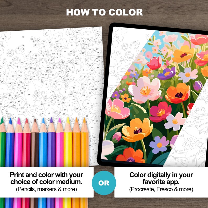 Printable and digital flower paint by number instructions featuring colored pencils and tablet coloring examples.
