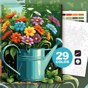 Color by Number Flowers and Watering Can Digital Download | Printable & Digital Coloring Page | Flowers | Teen and Adult Color by Number