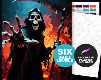 Peinture par numéros La faucheuse Halloween, couleur par numéro, procréation ou imprimable Ange de la mort - Coloriages pour adultes