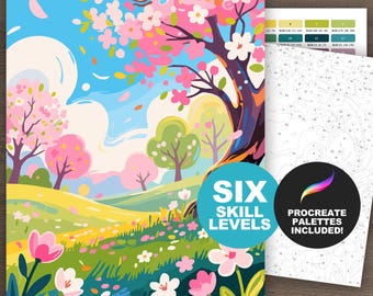 Kirschblüten Malen nach Zahlen: FrühlingLandschaft Ausmalseiten (Printable, Procreate, 6 Ebenen)
