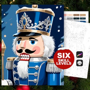 Może przedstawiać: Cyfrowa ilustracja żołnierza dziadka do orzechów w niebieskim mundurze ze złotymi akcentami. Obraz zawiera zestaw do malowania po numerach z sześcioma poziomami umiejętności, ikonę aplikacji do sztuki cyfrowej i ikonę drukarki. Tło to zimowa sceneria.