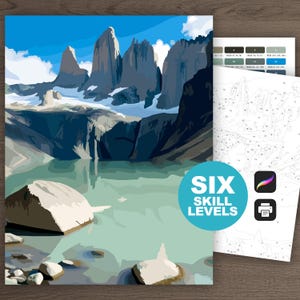 Patagonia Color by Number, Chilean Mountains South America Coloring Page, Torres del Paine Printable, Procreate (6 Skill Levels)