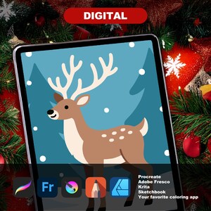 Easy Christmas 40 Design Color by Number Bundle showing digital coloring example of reindeer, usable in Procreate, Fresco, Krita, or Affinity.