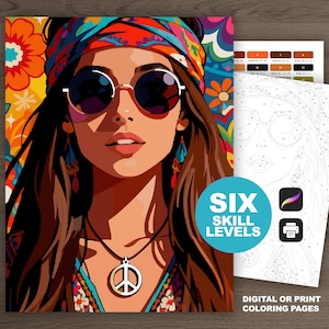 May include: A colorful paint-by-numbers kit featuring a stylized illustration of a woman with sunglasses and a peace sign necklace. The kit includes digital or print coloring pages with six skill levels.