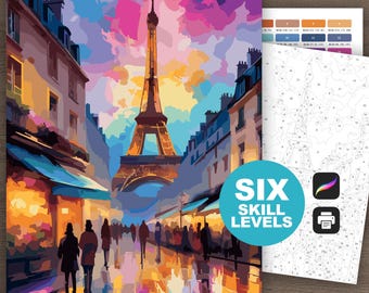 Paris Street Scene Color by Number: Eiffel Tower Digital Download, Paris Coloring Page Printable, Romantic Procreate Art (6 Skill Levels)