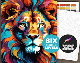 Kleur op nummer Leeuw (6 vaardigheidsniveaus) Digitale download | Afdrukbare en digitale kleurplaat | Leeuw | Kleur op nummer voor tieners en volwassenen