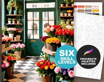Kit peinture à numéros Fleuriste : procréation pour fleuriste ou pages à colorier imprimables pour adultes (6 niveaux de compétence)