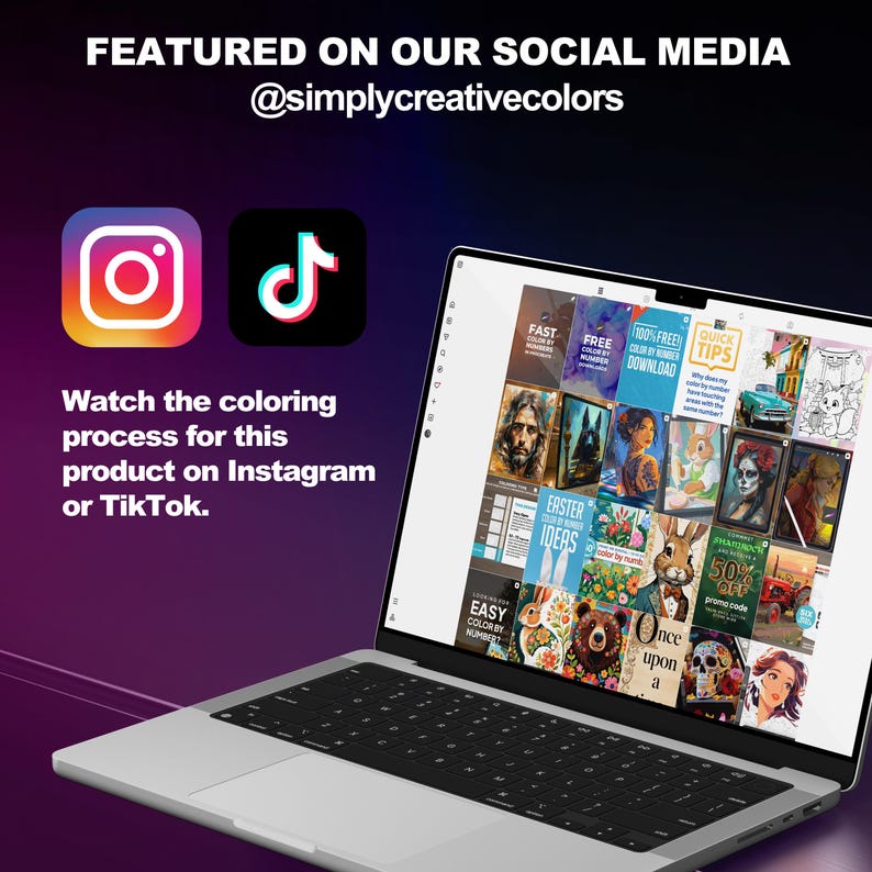 Op de afbeelding: Een laptop toont verschillende kleurplaten met de tekst "SNELLE GRATIS DOWNLOAD" en "SNELLE TIPS". Het scherm toont ook de Instagram- en TikTok-logo's, met de tekst "Bekijk het kleurproces op Instagram of TikTok."