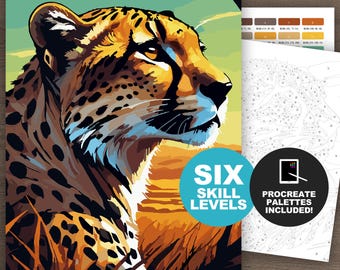 Paint by Number Kit: Majestic Cheetah Portrait, African Wildlife Adult Coloring Pages, Printable or Procreate (6 Skill Levels)