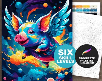 Farbe nach Zahlen Fliegendes Schwein (6 Schwierigkeitsstufen): Malen nach Zahlen druckbare Fantasy Schwein Digital Download Malseite, wunderliches Schwein mit Flügeln