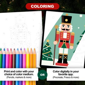 Easy Christmas 40 Design Color by Number Bundle highlighting nutcracker design, with option to print and color using pencils or color digitally in apps like Procreate or Adobe Fresco.